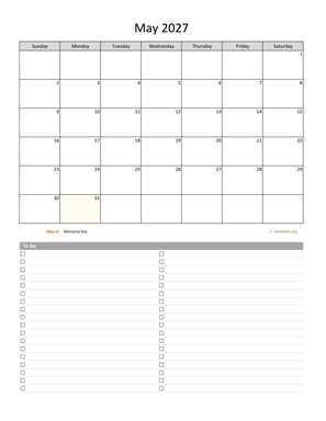 May 2027 Calendar with To-Do List