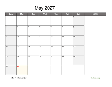 May 2027 Calendar with Notes