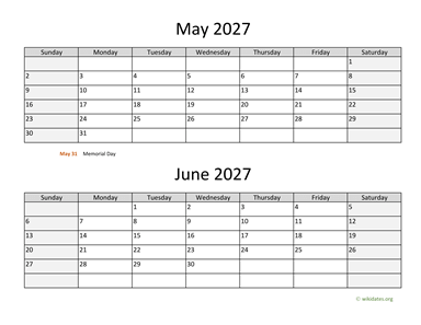 May and June 2027 Calendar Horizontal