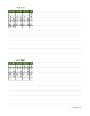 May and June 2027 Calendar with Notes