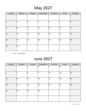 May and June 2027 Calendar Vertical