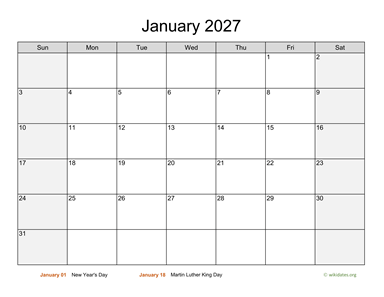 Monthly 2027 Calendar with Weekend Shaded