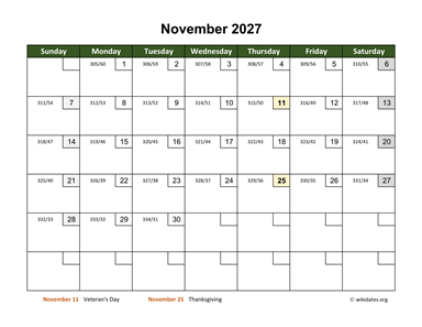 November 2027 Calendar with Day Numbers