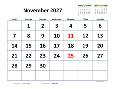 November 2027 Calendar with Extra-large Dates