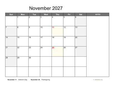 November 2027 Calendar with Notes
