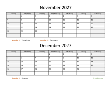 November and December 2027 Calendar Horizontal