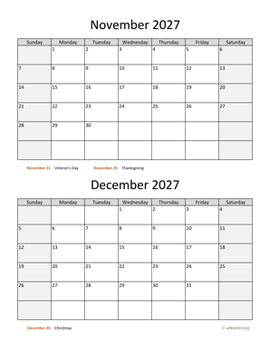 November and December 2027 Calendar Vertical