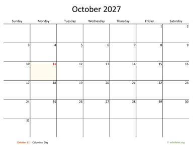 October 2027 Calendar with Bigger boxes