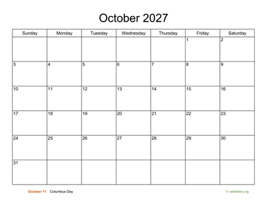 Basic Calendar for October 2027