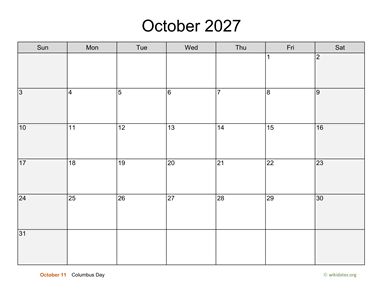 October 2027 Calendar with Weekend Shaded
