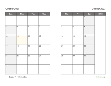 October 2027 Calendar on two pages