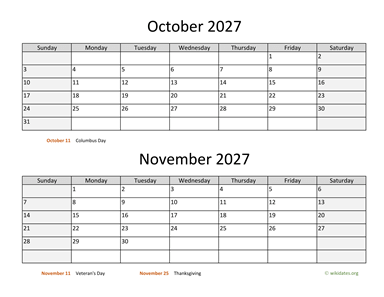 October and November 2027 Calendar Horizontal