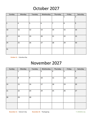 October and November 2027 Calendar Vertical