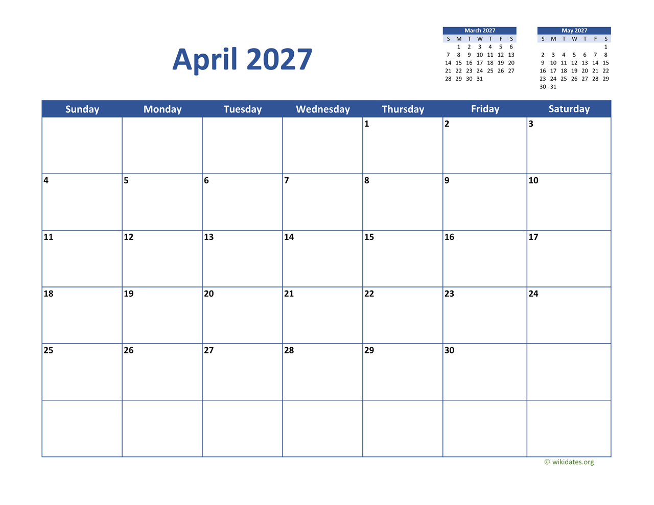 April 2027 Calendar Classic