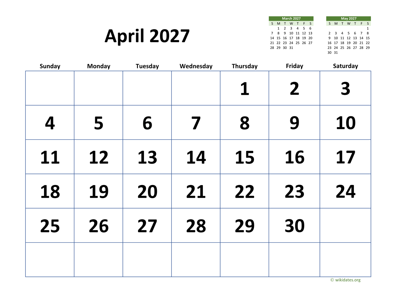 April 2027 Calendar with Extralarge Dates