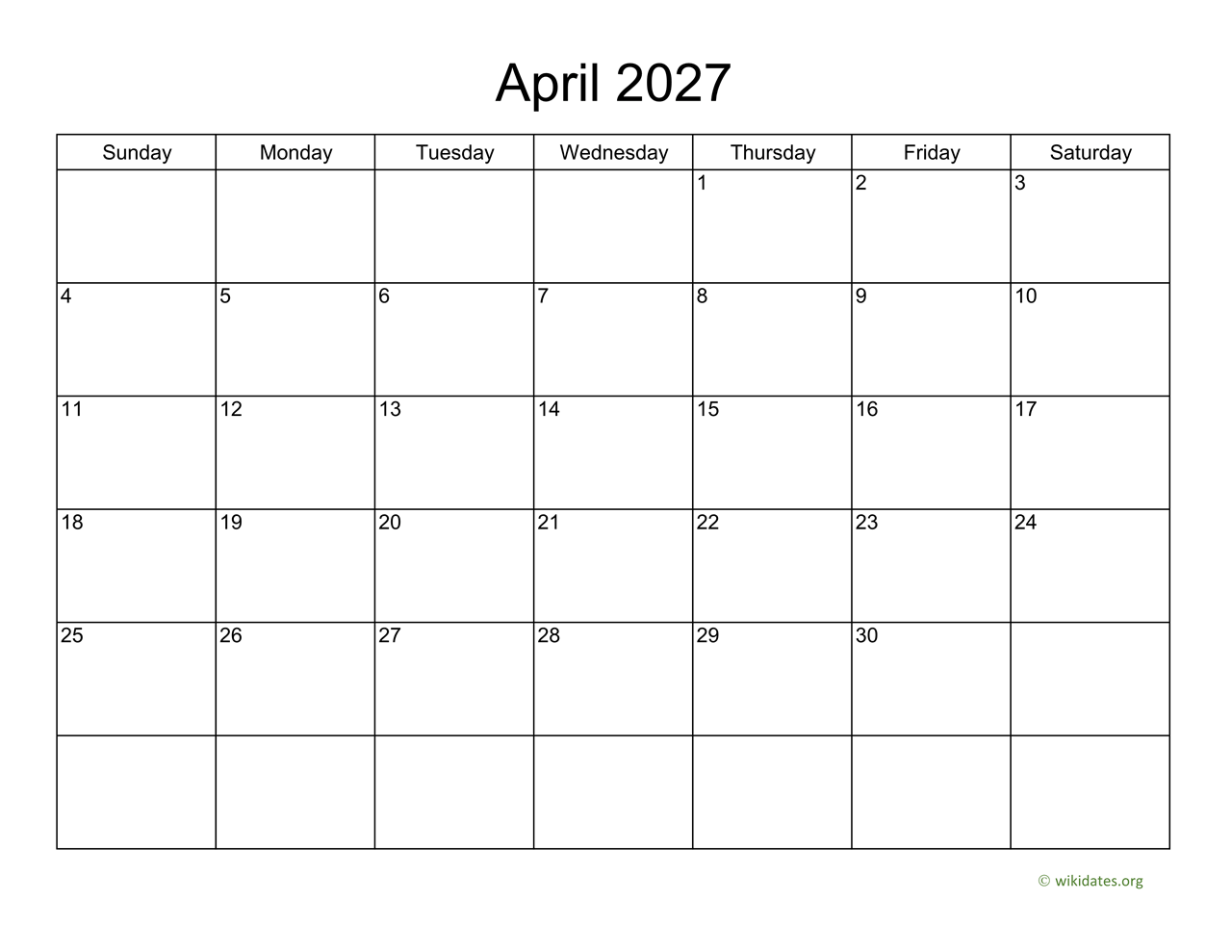 Basic Calendar for April 2027