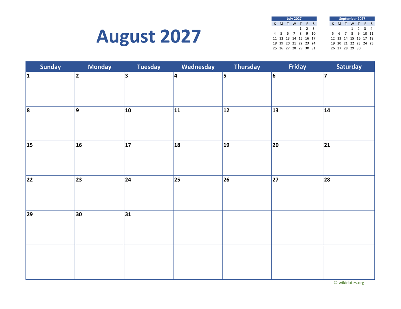 August 2027 Calendar Classic | WikiDates.org