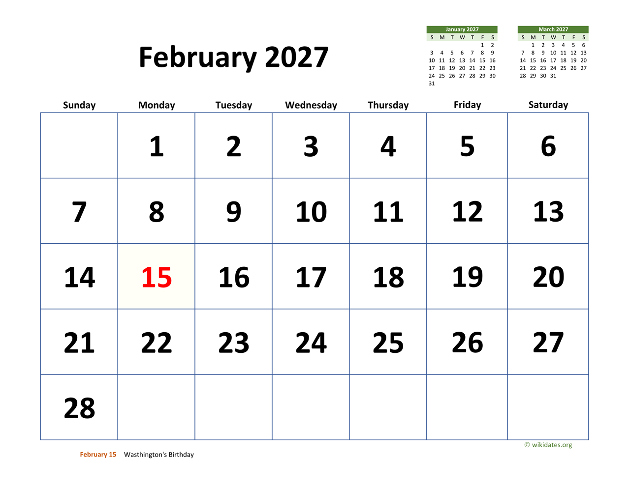 February 2027 Calendar with Extralarge Dates