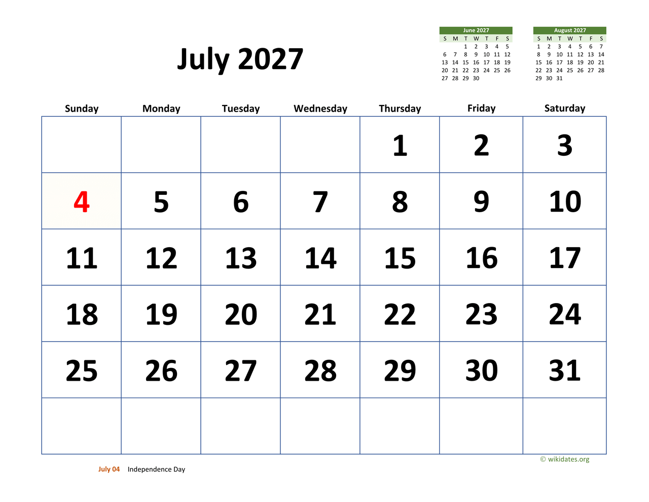 July 2027 Calendar with Extralarge Dates