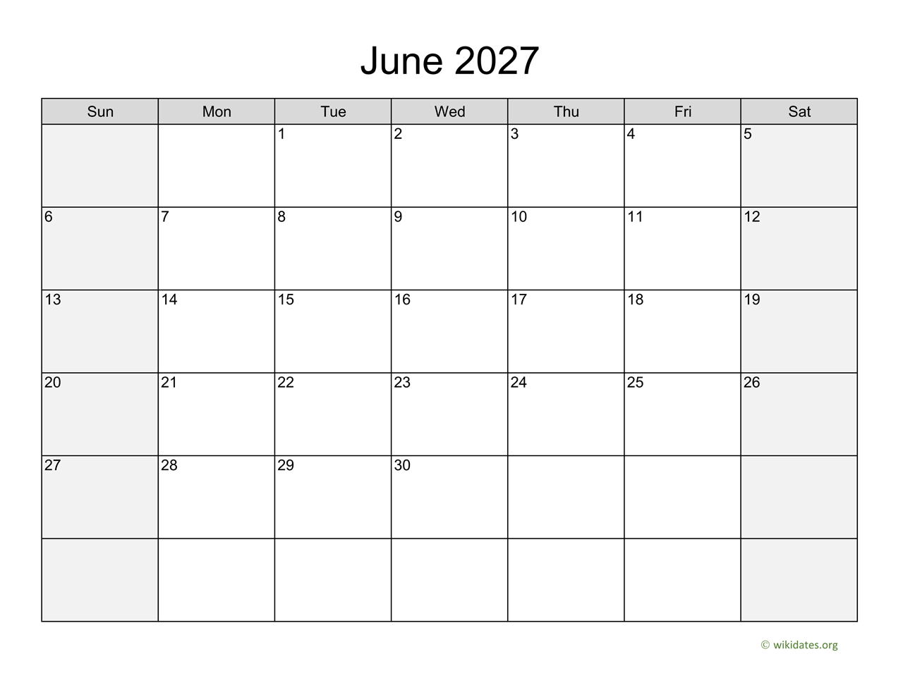 June 2027 Calendar with Weekend Shaded | WikiDates.org