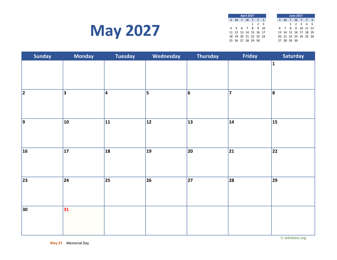 May 2027 Calendar Classic