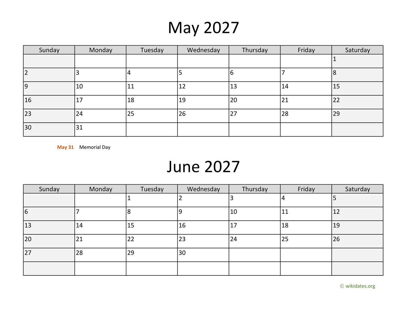 May and June 2027 Calendar
