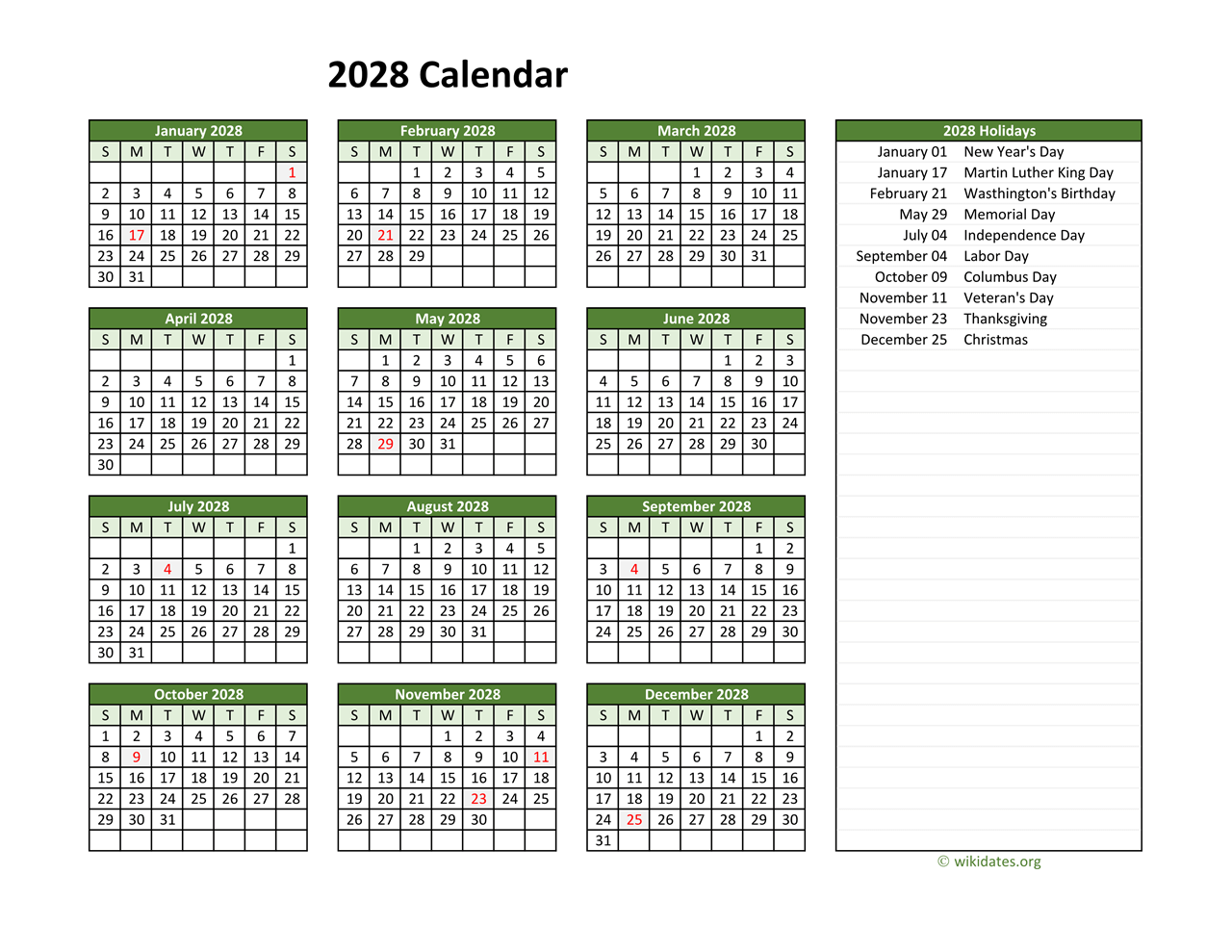 Printable 2028 Calendar With Federal Holidays