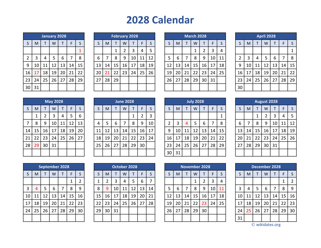 2028 Calendar in PDF