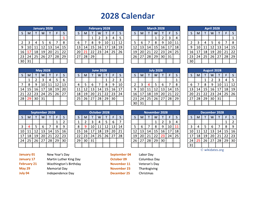 PDF Calendar 2028 with Federal Holidays