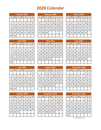 Full Year 2028 Calendar on one page