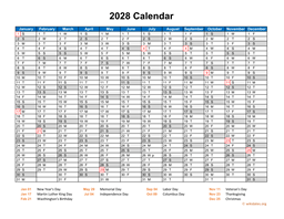 2028 Calendar Horizontal, One Page
