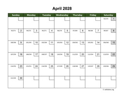 April 2028 Calendar with Day Numbers