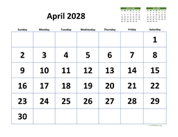 April 2028 Calendar with Extra-large Dates