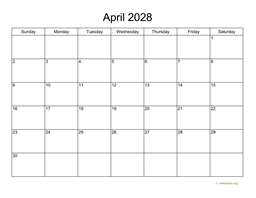 Basic Calendar for April 2028