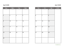 April 2028 Calendar on two pages