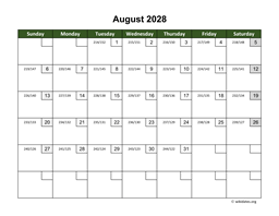 August 2028 Calendar with Day Numbers