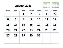 August 2028 Calendar with Extra-large Dates