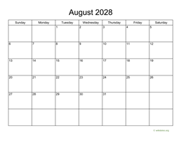 Basic Calendar for August 2028