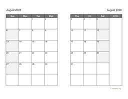 August 2028 Calendar on two pages