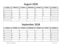 august and september 2028 calendar