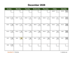 December 2028 Calendar with Day Numbers