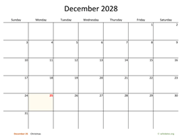 December 2028 Calendar with Bigger boxes