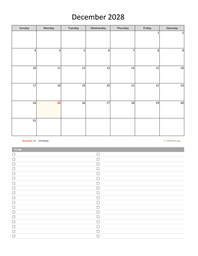 December 2028 Calendar with To-Do List