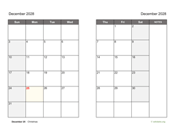 December 2028 Calendar on two pages