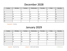 December 2028 and January 2029 Calendar