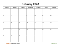 Basic Calendar for February 2028