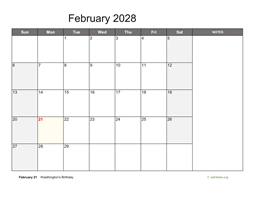 February 2028 Calendar with Notes