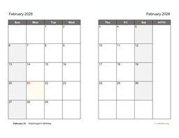 February 2028 Calendar on two pages