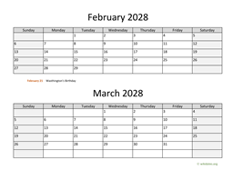 February and March 2028 Calendar
