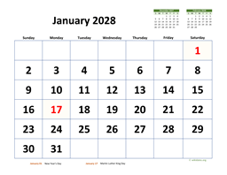 January 2028 Calendar with Extra-large Dates